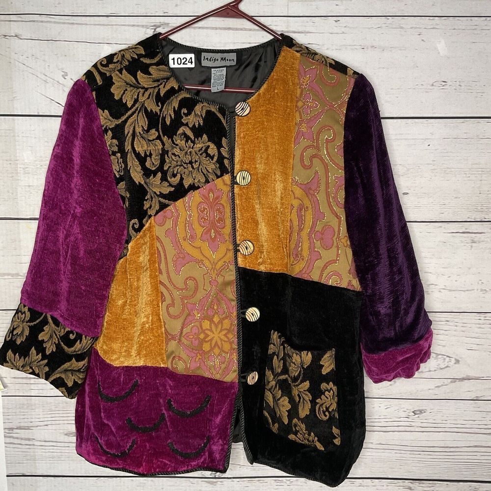Indigo moon button up oriental patchwork jacket art top size L